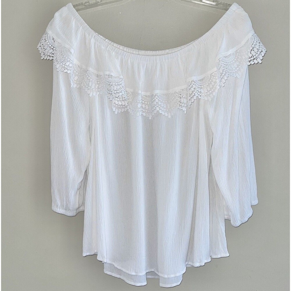 St John Bay Boho White Gauze Top Plus Size 2X Crochet Off The Shoulder Ruffles